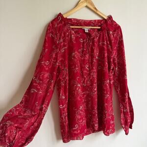 Talbots Red Paisley Sequined Cotton and Silk Blouse Size L